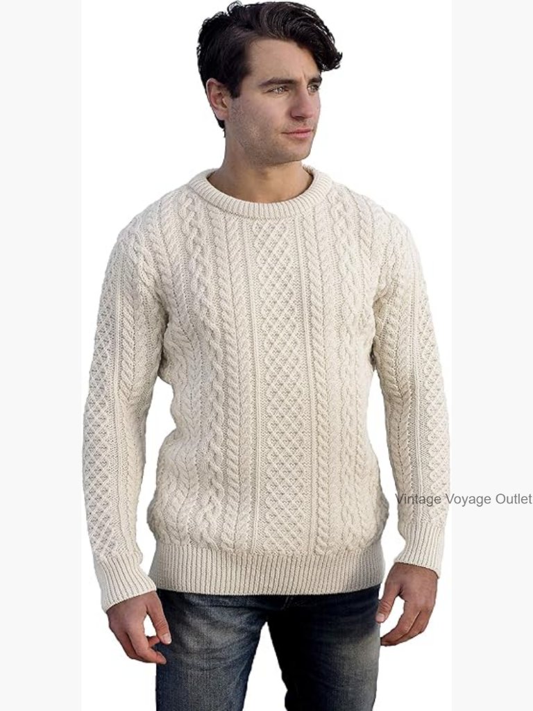 Aran Crew Neck Sweater 100% Wool Men's Pullover Classic